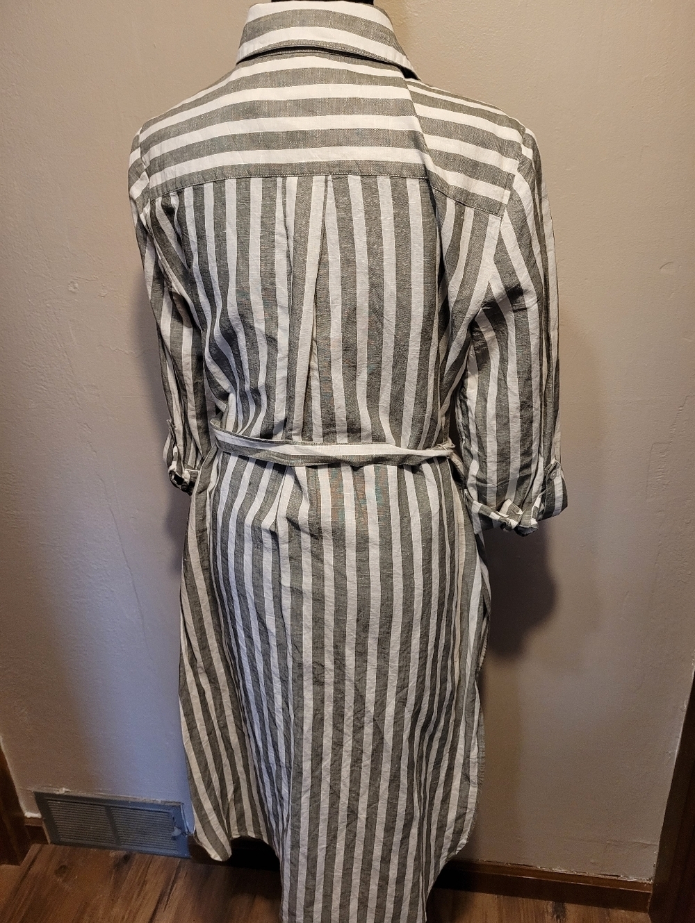Chicos Linen Blend Maxi Tunic Stripe Skies Top 3/4 Sleeve Tropic Olive Button Up - Picture 6 of 8